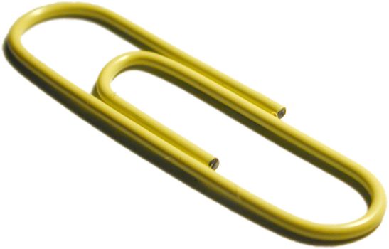Close up view on a single yellow wire paperclip lying diagonally on a white background for organisation and stationery supplies