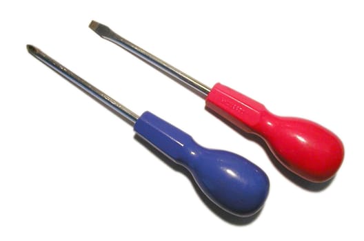 Two Screwdrivers on White Background, One Cross Head with Blue Handle and One Flathead with Red Handle