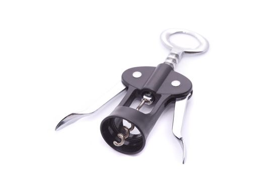 Plastic and metal corkscrew wine bottle opener with levers on white with copy space