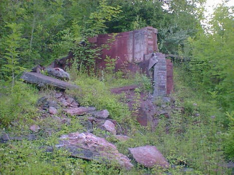 remains of an old factory overgrown with plants