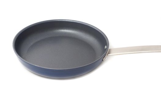 Clean non-stick frying pan with metal handle isolated on white with copy space