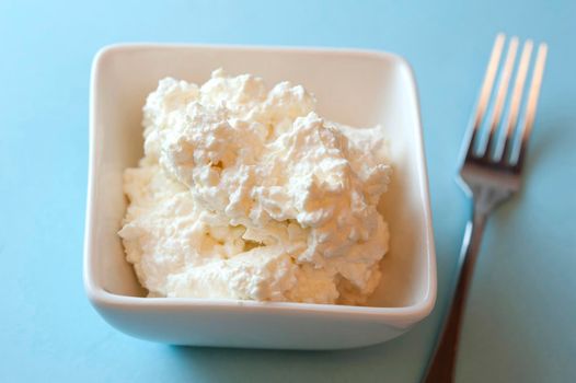 Dish of cottage cheese, or pot cheese, a traditional soft cheese made from the curds of skim milk