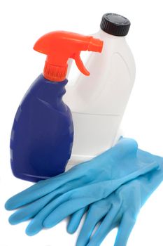 bahtroom cleaning products, spray and rubber gloves