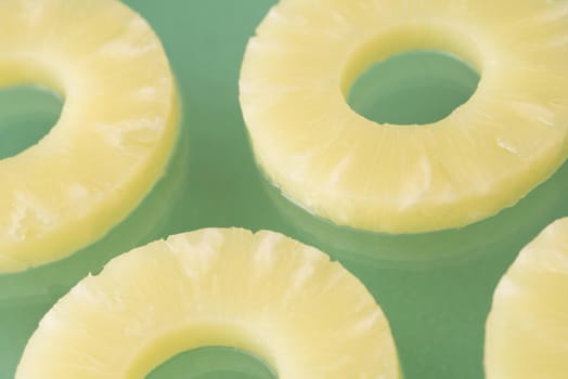 A close up of juicy, yellow sliced pineapple rings isolated on a plain green background with copy space.