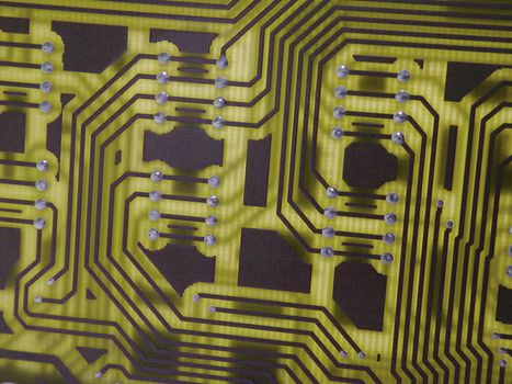 Closeup of an integrated electronic circuit board showing motherboard