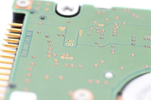 Hard disk drive close-up with IDE connector pins in focus