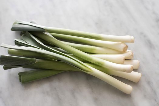 Bunch of fresh leeks in close-up on grey kitchen table surface. Cooking ingredients