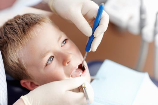 Boy taking dental checkup. High angle view of dentist checking up boys teeth in clinic