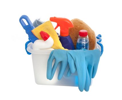 a plastic box containing domestic cleaning products, sprays, rubber gloves and cloths