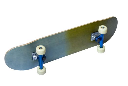 a view of the underside of a skateboard isolated on a white background