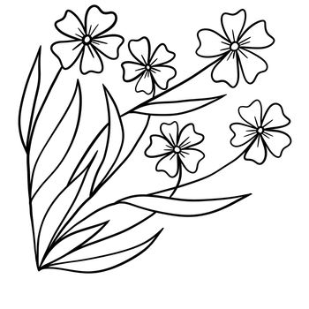 Hand drawn one black line illustration of floral flowers leaves. Elegant leaf nature composition, simple minimalist bouquet branch sketch. Isolated bloom blossom garden frame