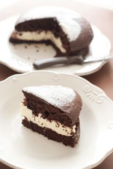 Slice of delicious freshly baked chocolate cake filled with cream or buttercream and served on a plate for dessert