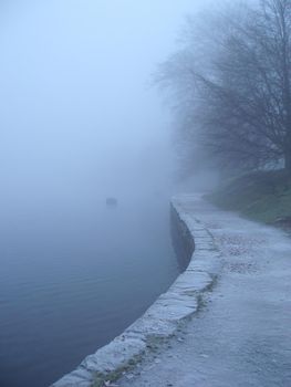 disappearing landscape, the side of a lake shrouded in mist