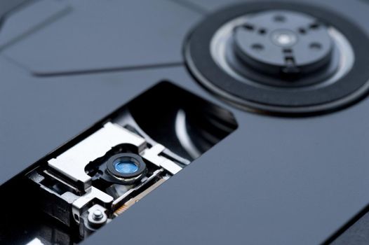 Parts of laser optical disc drive in close-up view