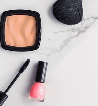 Modern feminine lifestyle, blog background and styled stock concept. Beauty and fashion inspiration - Make-up and cosmetics flatlay on marble