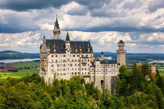 Neuschwanstein Fairytale Castle near Fussen, Bavaria, Germany. View of famous Neuschwanstein Castle. Location: village of Hohenschwangau, near Fussen, southwest Bavaria, Germany, Europe