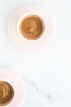 Breakfast, drinks and modern lifestyle concept - Hot aromatic coffee on marble, flatlay