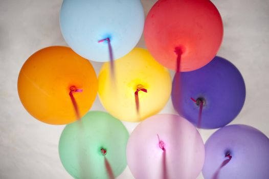 View from below of a bunch of colorful party balloons for a festive celebration or childs birthday party