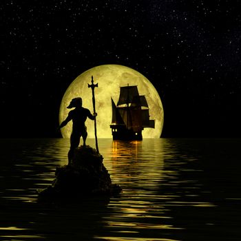 Lonely crusader ship in a calm ocean, full yellow moon, and stars. The Sea god is watching it. - 3d rendering