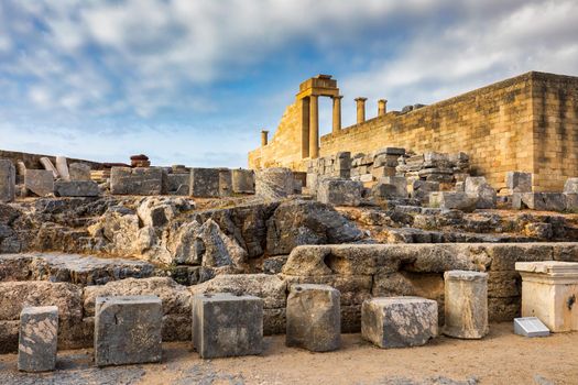 Ruins of Acropolis of Lindos view, Rhodes, Dodecanese Islands, Greek Islands, Greece. Acropolis of Lindos, ancient architecture of Rhodes, Greece. 