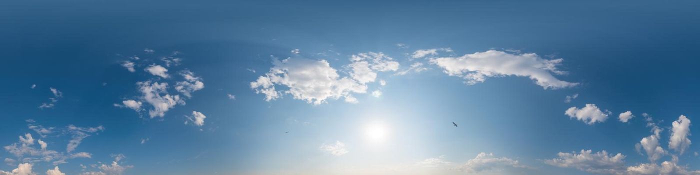 Sky panorama with Cirrus clouds in Seamless spherical equirectangular format. Full zenith for use in 3D graphics, game and editing aerial drone 360 degree panoramas for sky replacement
