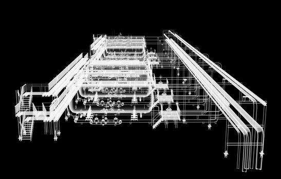 Industrial equipment. X-Ray 3d illustration on black background. Non-destructive testing concept