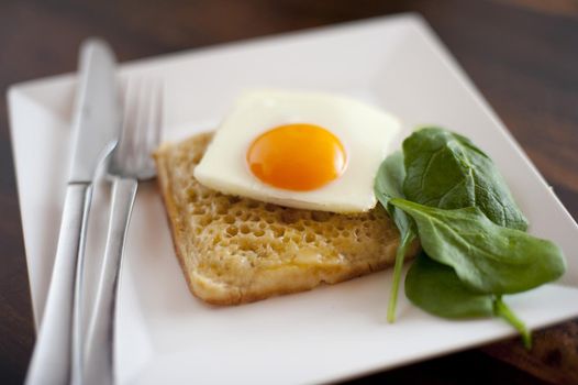 Square fried egg on a square hot buttered crumpet served with fresh baby spinach on a square plate, close up high angle view