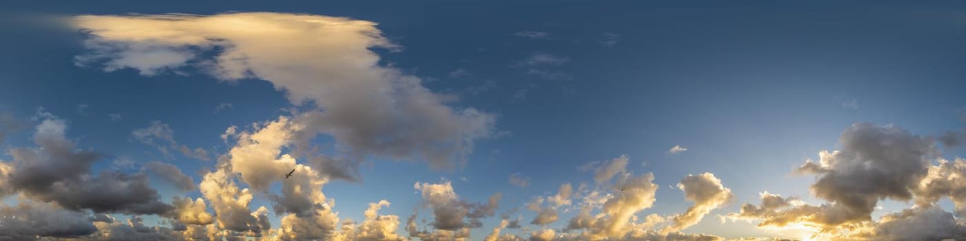 Sky panorama with Cirrus clouds in Seamless spherical equirectangular format. Full zenith for use in 3D graphics, game and editing aerial drone 360 degree panoramas for sky replacement