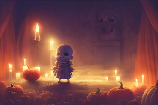 3D render ghost as a cute chibi figure in a graveyard for Halloween. Happy Halloween Wallpaper