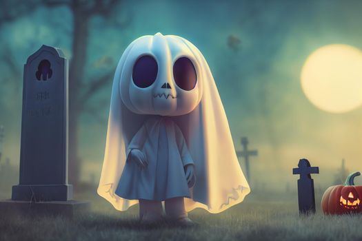 3D render ghost as a cute chibi figure in a graveyard for Halloween. Happy Halloween Wallpaper