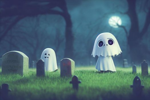 3D render ghost as a cute chibi figure in a graveyard for Halloween. Happy Halloween Wallpaper