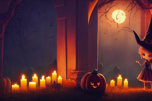 3D render ghost as a cute chibi figure in a graveyard for Halloween. Happy Halloween Wallpaper