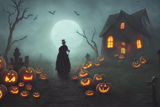 3D render ghost as a cute chibi figure in a graveyard for Halloween. Happy Halloween Wallpaper
