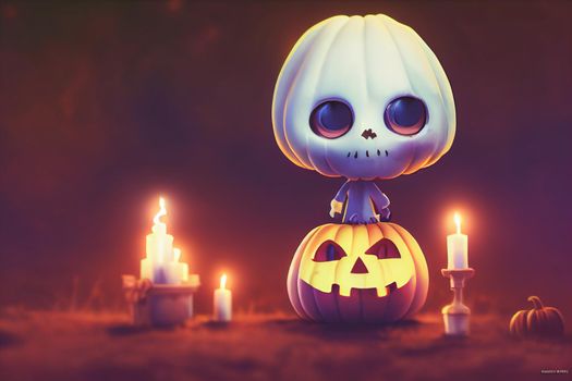 3D render ghost as a cute chibi figure in a graveyard for Halloween. Happy Halloween Wallpaper