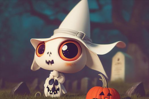 3D render ghost as a cute chibi figure in a graveyard for Halloween. Happy Halloween Wallpaper