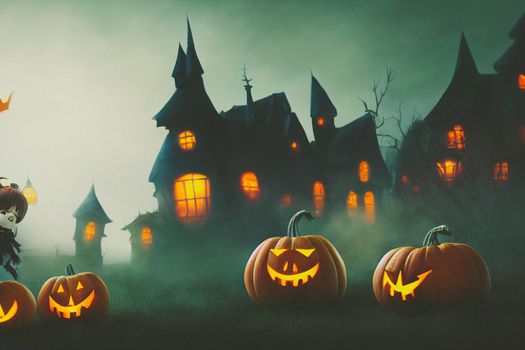 3D render ghost as a cute chibi figure in a graveyard for Halloween. Happy Halloween Wallpaper