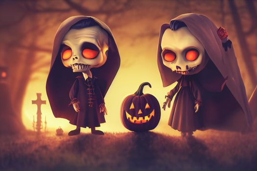 3D render ghost as a cute chibi figure in a graveyard for Halloween. Happy Halloween Wallpaper