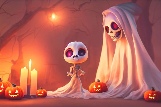 3D render ghost as a cute chibi figure in a graveyard for Halloween. Happy Halloween Wallpaper
