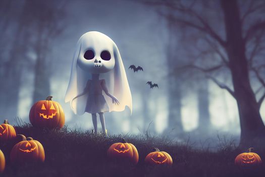 3D render ghost as a cute chibi figure in a graveyard for Halloween. Happy Halloween Wallpaper