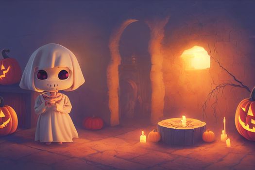 3D render ghost as a cute chibi figure in a graveyard for Halloween. Happy Halloween Wallpaper