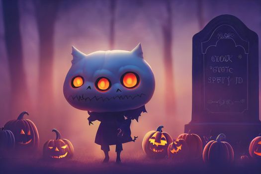 3D render ghost as a cute chibi figure in a graveyard for Halloween. Happy Halloween Wallpaper