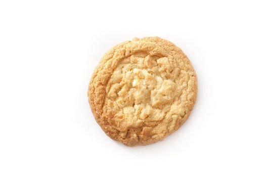 Single round crunchy golden biscuit, overhead view isolated on white