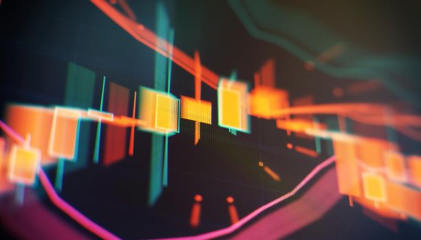 Charts of financial instruments with various type of indicators including volume analysis for professional technical analysis on the monitor of a computer.