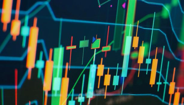 Market Analyze. Bar graphs, Diagrams, financial figures. Abstract glowing forex chart interface wallpaper. Investment, trade, stock, finance