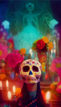 beautiful illustration of the Day of the Dead, Mexican tradition. colorful wallpaper of the day of the dead. catrin catrina.