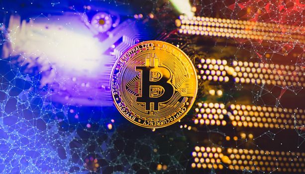 Bitcoin cryptocurrency new version on computer electronic circuit board background . Virtual cryptocurrency money Bitcoin golden