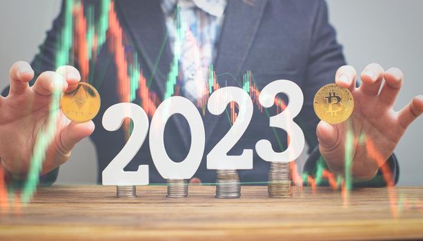 A businessman wants to invest in ethereum and bitcoin in 2023 to increase earnings in cryptocurrency. Investing in virtual assets. Investment platform with charts and bitcoin coin.
