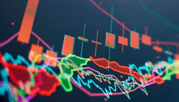 Charts of financial instruments with various type of indicators including volume analysis for professional technical analysis on the monitor of a computer.