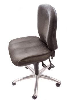 High angle view on single empty adjustable black arm free typist chair over white background