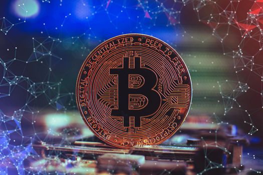 Bitcoin cryptocurrency new version on computer electronic circuit board background . Virtual cryptocurrency money Bitcoin golden